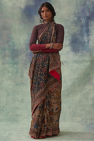 Golden Pure Tussar Silk Hand Painted Kalamkari Saree by Kasturi Kundal