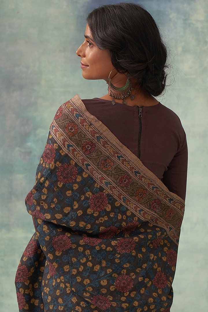 Golden Pure Tussar Silk Hand Painted Kalamkari Wedding Saree by Kasturi Kundal at Pernia's Pop Up Shop
