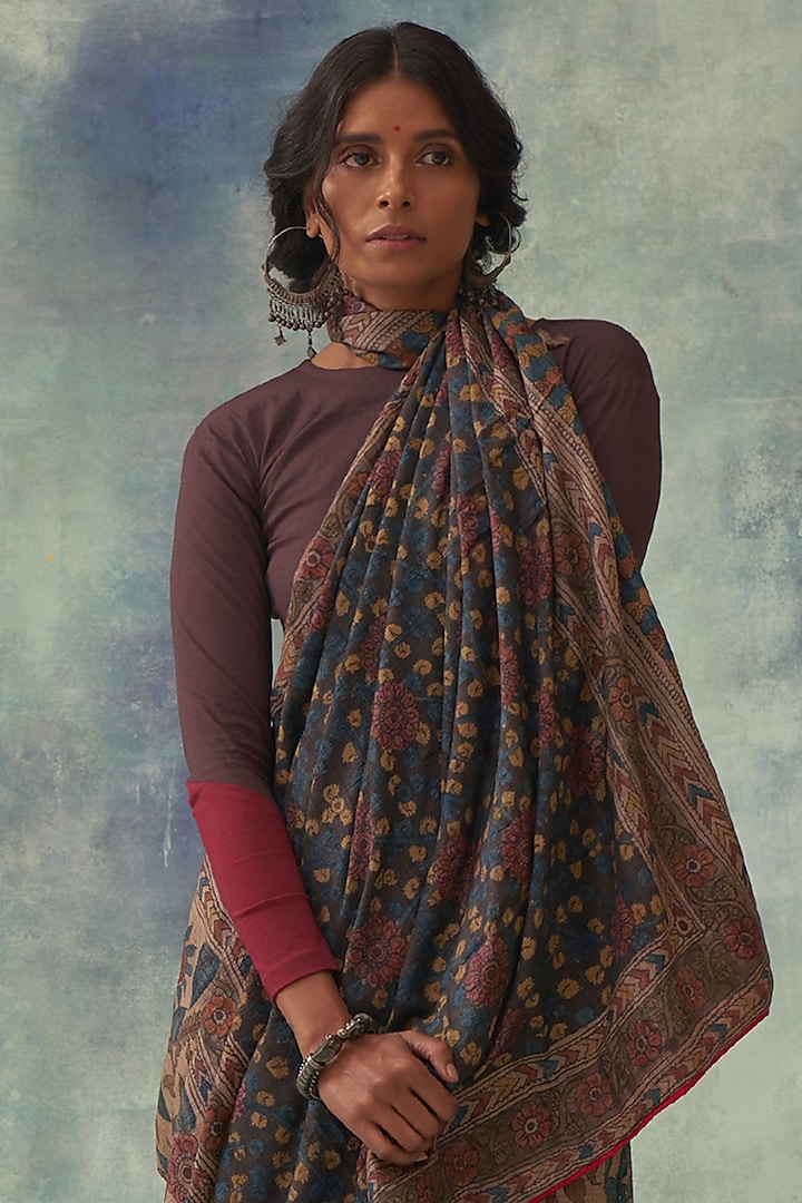 Golden Pure Tussar Silk Hand Painted Kalamkari Wedding Saree by Kasturi Kundal at Pernia's Pop Up Shop