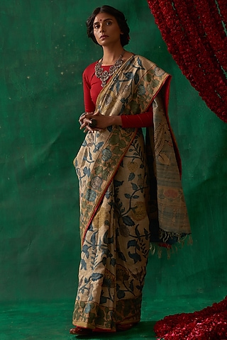Golden Pure Tussar Silk Hand Painted Kalamkari Saree by Kasturi Kundal