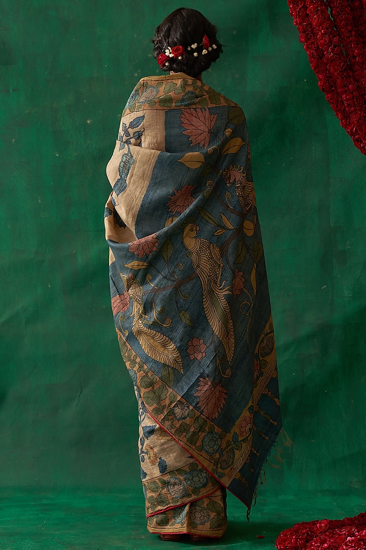 Golden Pure Tussar Silk Hand Painted Kalamkari Wedding Saree by Kasturi Kundal at Pernia's Pop Up Shop