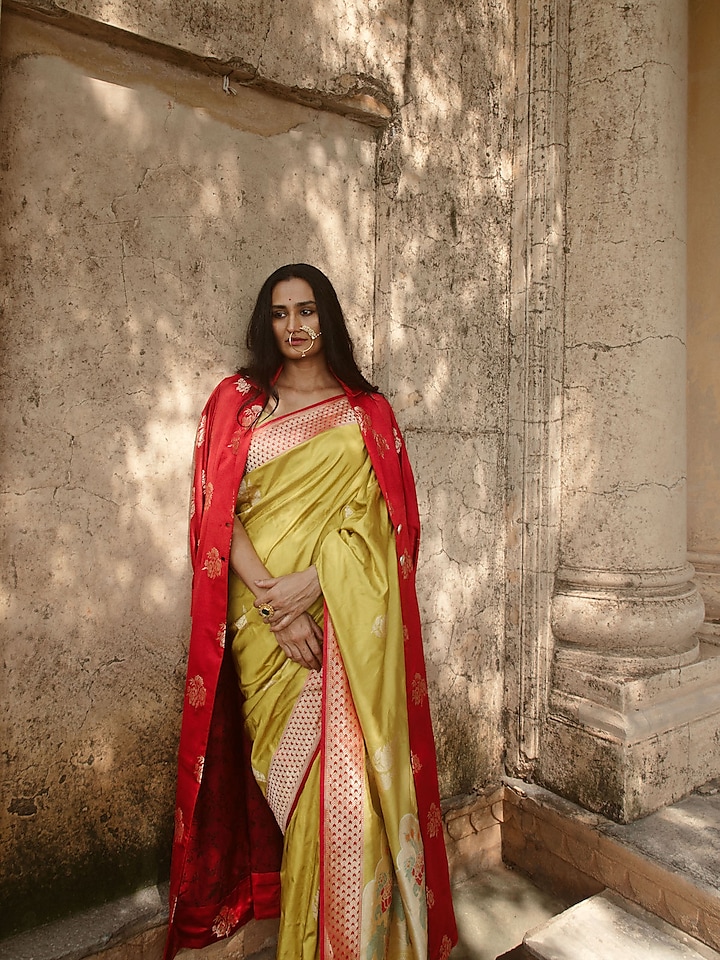 Yellow Banarasi Silk Handloom Meenakari Embellished Saree by Kasturi Kundal