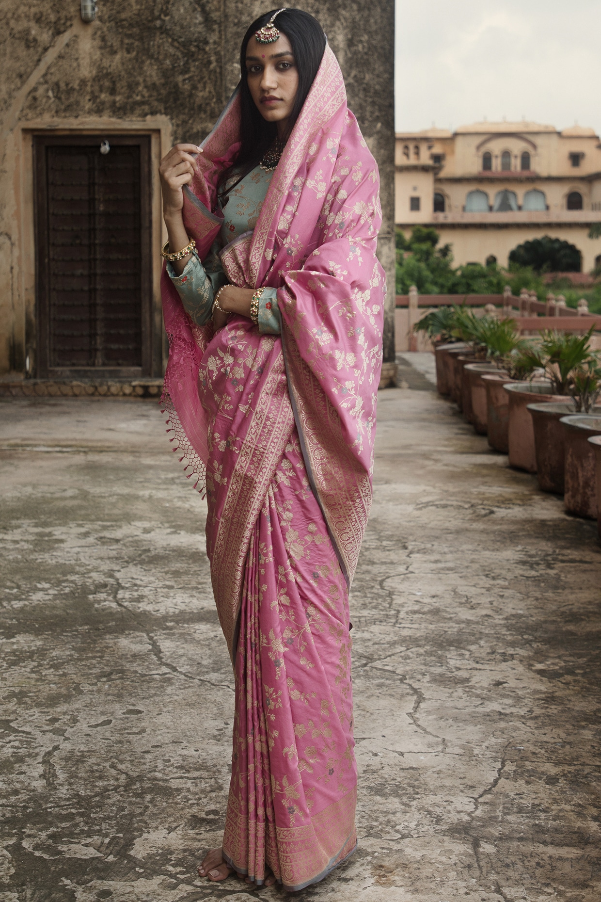 Pink Dual Tone Handloom Katan SIlk Banarasi Saree With All Over Leaf B –  WeaverStory