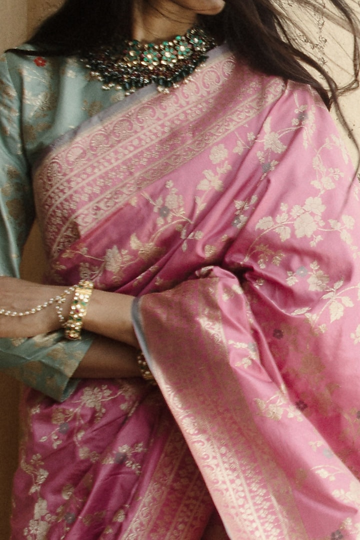 Pink Pure Banarasi Silk Reception Saree by Kasturi Kundal at Pernia's Pop Up Shop