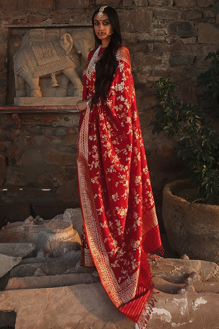 Red Handcrafted Banarasi Silk Saree by Kasturi Kundal