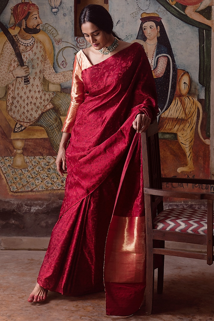 Ruby Red Handcrafted Banarasi Silk Saree by Kasturi Kundal