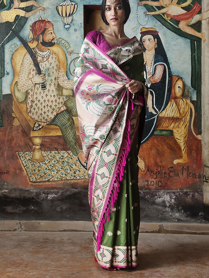 Green & Pink Pure Banarasi Silk Handloom Zari Work Saree by Kasturi Kundal