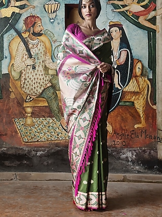 Green & Pink Pure Banarasi Silk Handloom Zari Work Saree by Kasturi Kundal