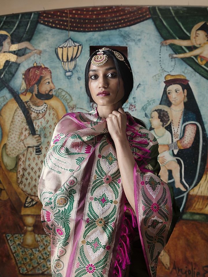 Green & Pink Pure Banarasi Silk Handloom Zari Work Wedding Saree by Kasturi Kundal at Pernia's Pop Up Shop
