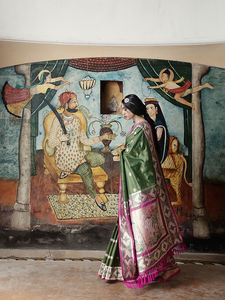 Green & Pink Pure Banarasi Silk Handloom Zari Work Wedding Saree by Kasturi Kundal at Pernia's Pop Up Shop