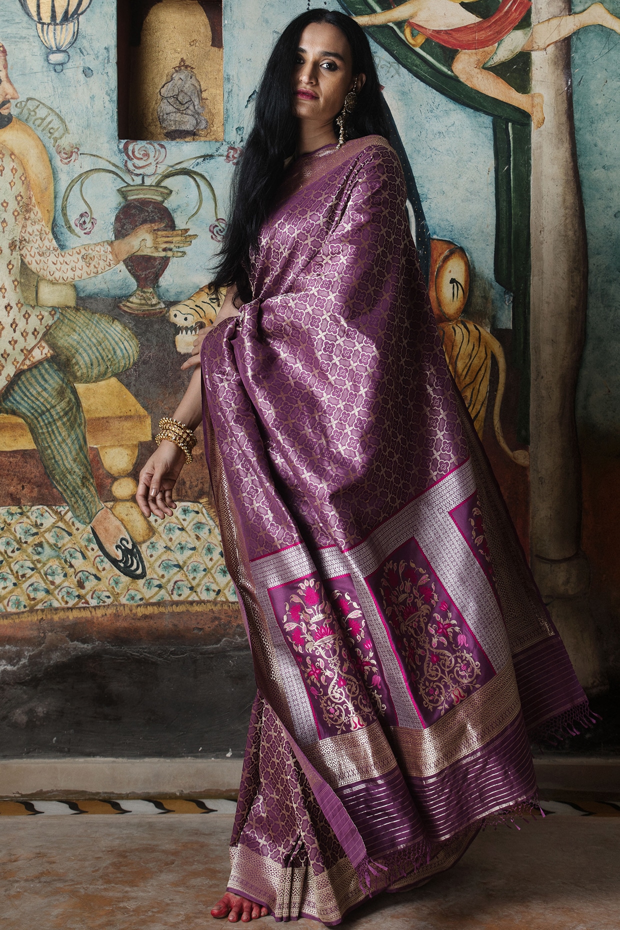 A Beautiful Bride in Bluish purple Banarasi saree with Blouse | Purple saree,  Embroidered blouse designs, Bridal saree