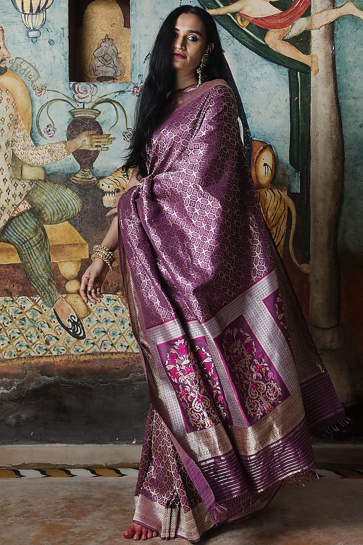 Purple Pure Banarasi Silk Handloom Floral Jaal Handcrafted Saree by Kasturi Kundal