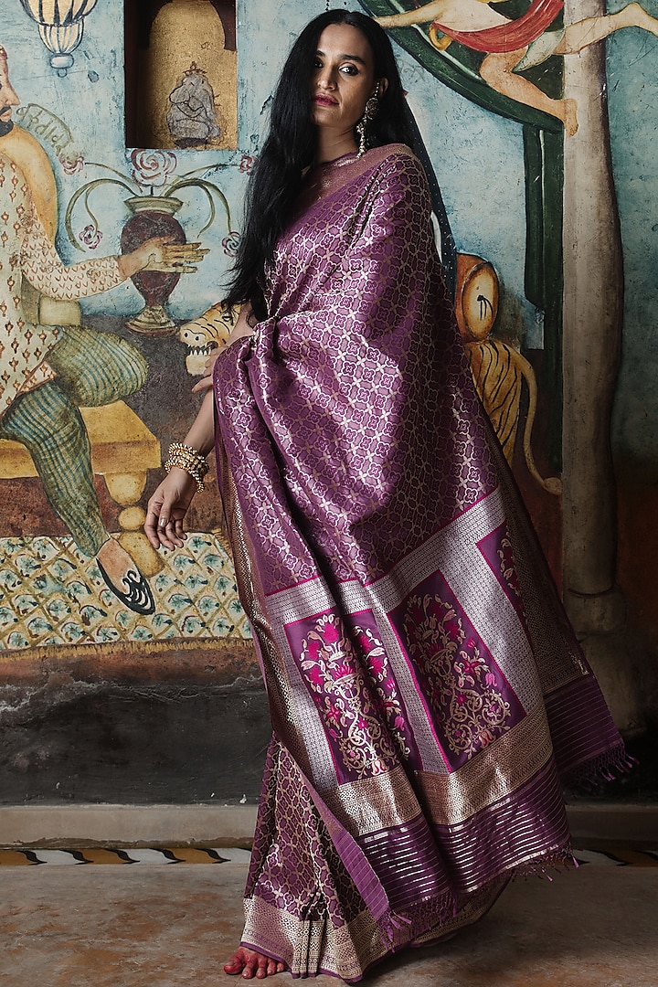 Purple Pure Banarasi Silk Handloom Floral Jaal Handcrafted Saree by Kasturi Kundal at Pernia's Pop Up Shop