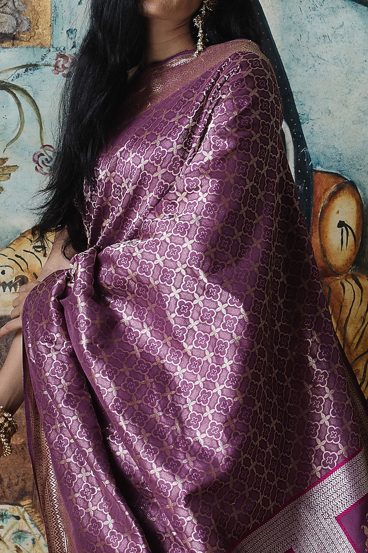 Purple Pure Banarasi Silk Handloom Floral Jaal Handcrafted Wedding Saree by Kasturi Kundal at Pernia's Pop Up Shop