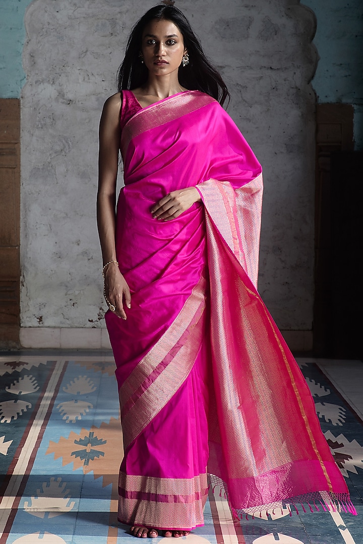 Rani Pink Pure Banarasi Silk Handcrafted Saree Design by Kasturi Kundal ...