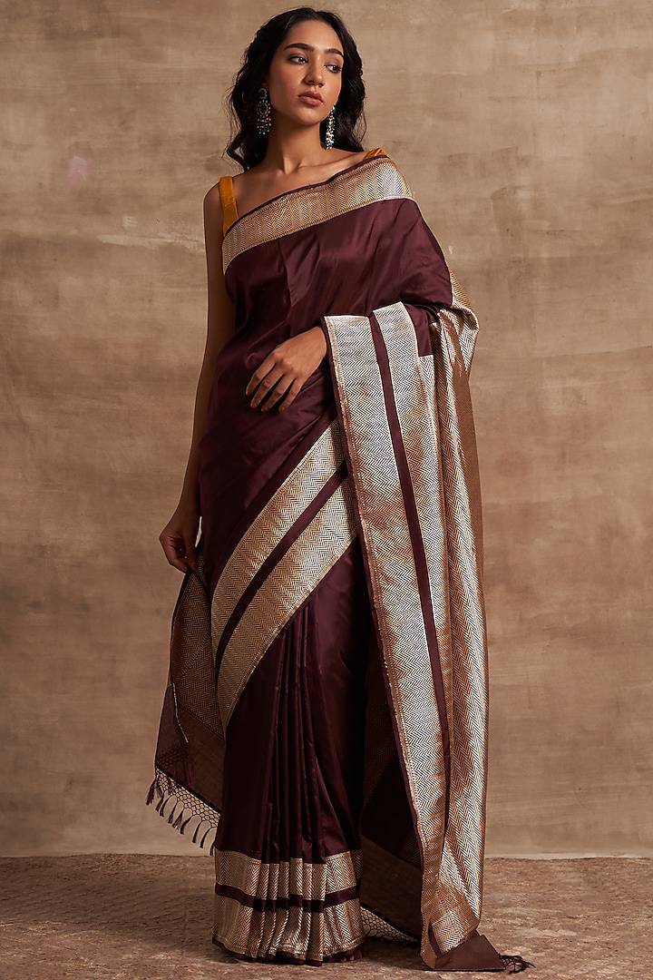 Aubergine Pure Banarasi Silk Handloom Zari Work Saree by Kasturi Kundal
