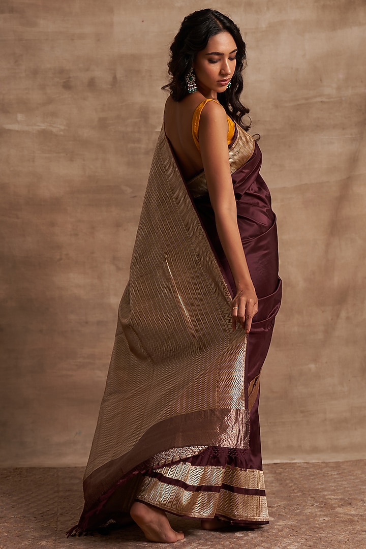 Aubergine Pure Banarasi Silk Handloom Zari Work Wedding Saree by Kasturi Kundal at Pernia's Pop Up Shop