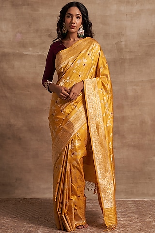 Pitambari Yellow Handcrafted Pure Banarasi Silk Meenakari work Saree by Kasturi Kundal