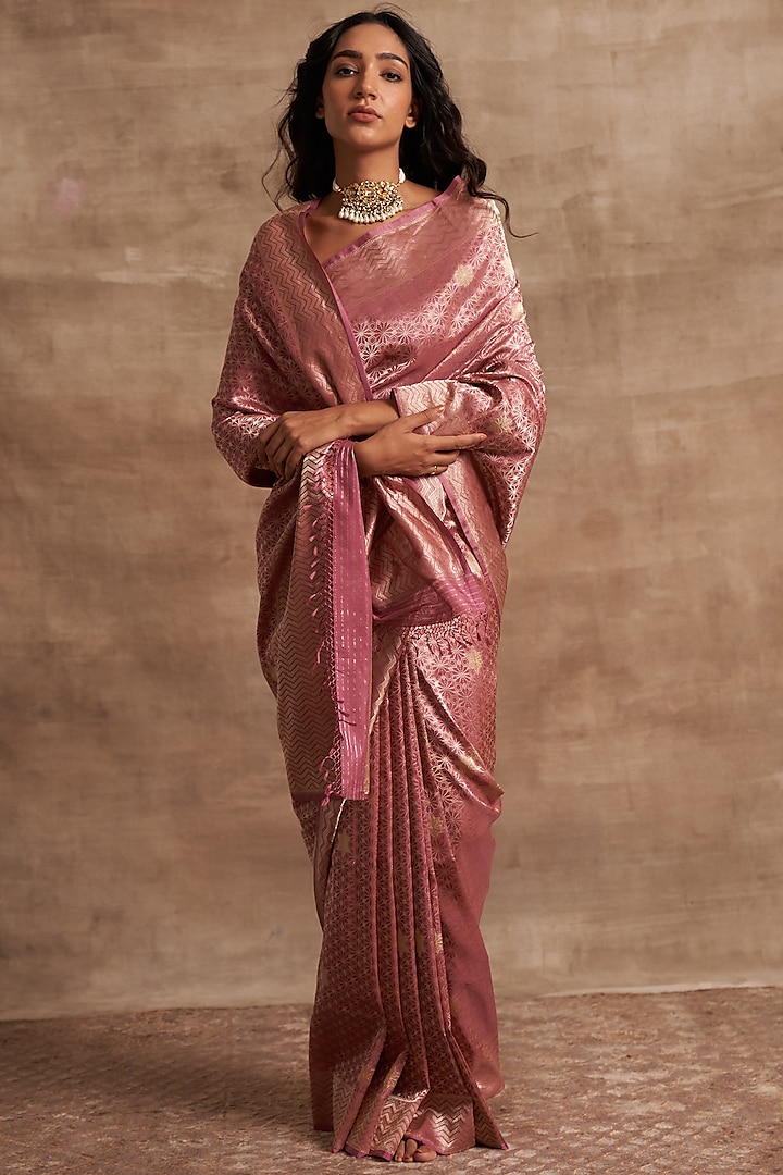 Onion Pink Banarasi Silk Meenakari Saree by Kasturi Kundal