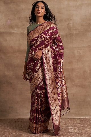 Wine Pure Banarasi Silk Zari Work Saree by Kasturi Kundal