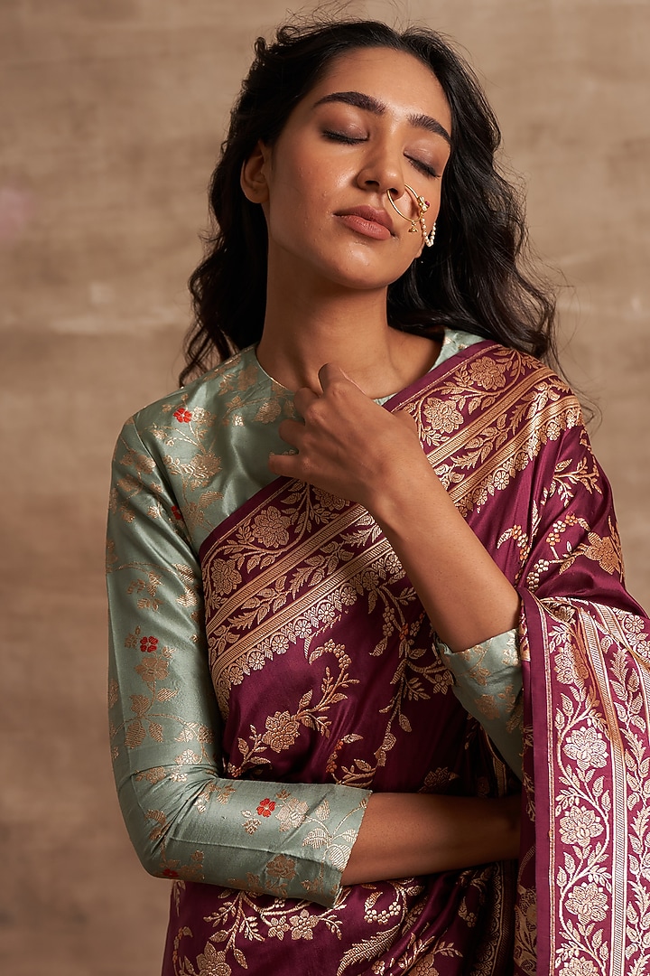 Wine Pure Banarasi Silk Zari Work Reception Saree by Kasturi Kundal at Pernia's Pop Up Shop