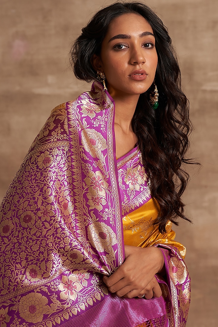 Mustard Pure Banarasi Silk Zari Embroidered Wedding Saree by Kasturi Kundal at Pernia's Pop Up Shop