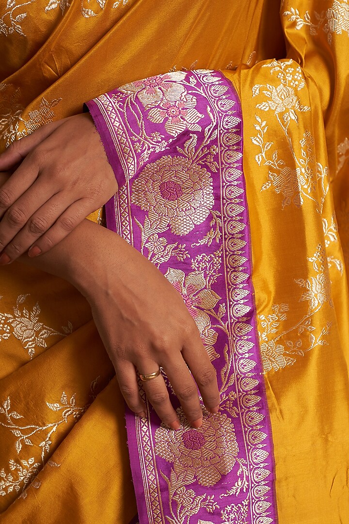 Mustard Pure Banarasi Silk Zari Embroidered Wedding Saree by Kasturi Kundal at Pernia's Pop Up Shop