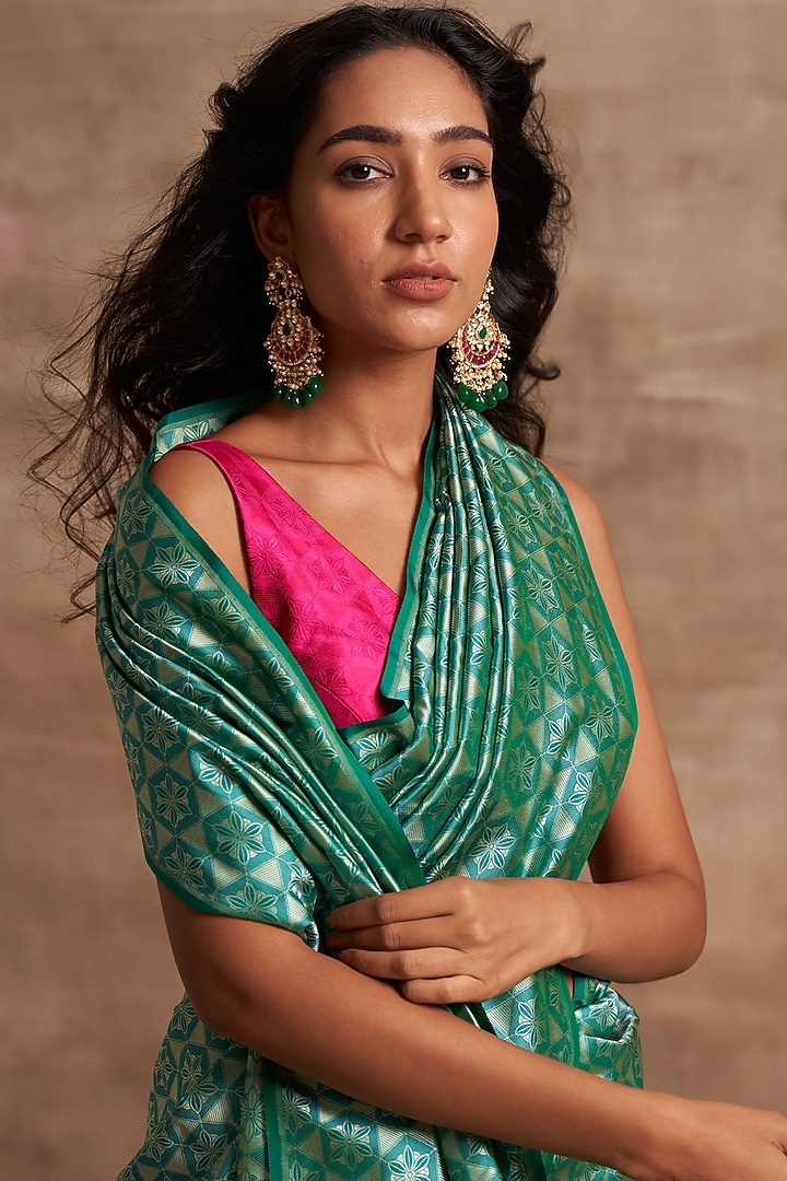 Turquoise Pure Banarasi Silk Jaal Work Wedding Saree by Kasturi Kundal at Pernia's Pop Up Shop