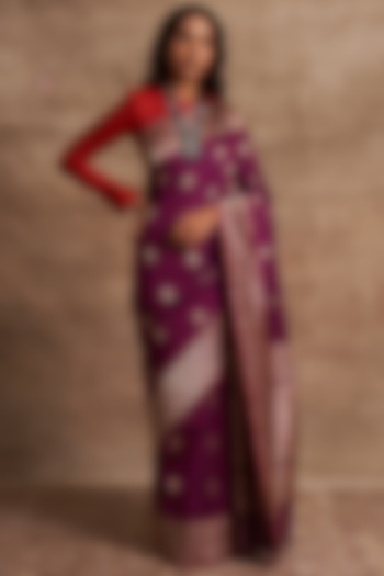 Aubergine Banarasi Silk Saree Set by Kasturi Kundal