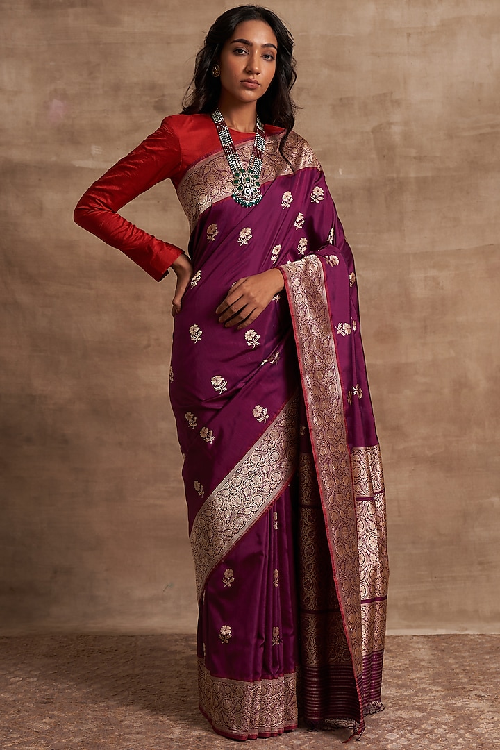 Aubergine Banarasi Silk Saree Set by Kasturi Kundal