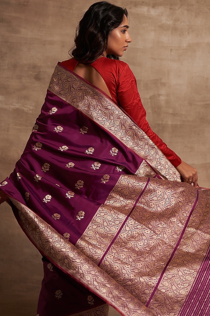 Aubergine Pure Banarasi Silk Handwork Wedding Saree by Kasturi Kundal at Pernia's Pop Up Shop