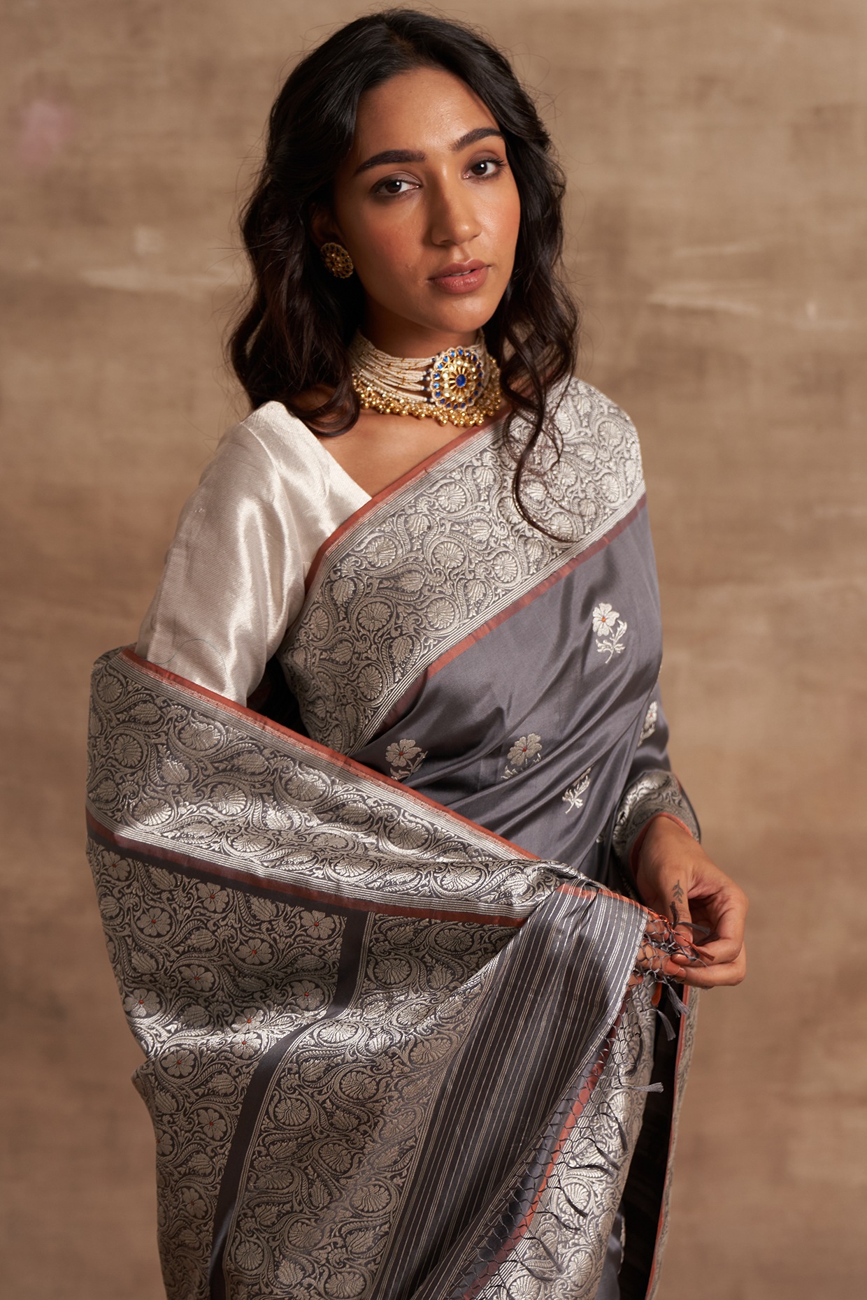 Best Embroidered Grey Color New Blouse Designs For Silk Saree