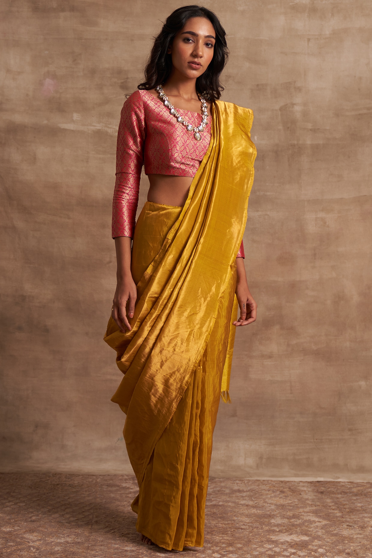 Buy PRIYANKA RAAJIV Illaria - Yellow Brocade, Silk Tissue Saree with  Unstitched Blouse online