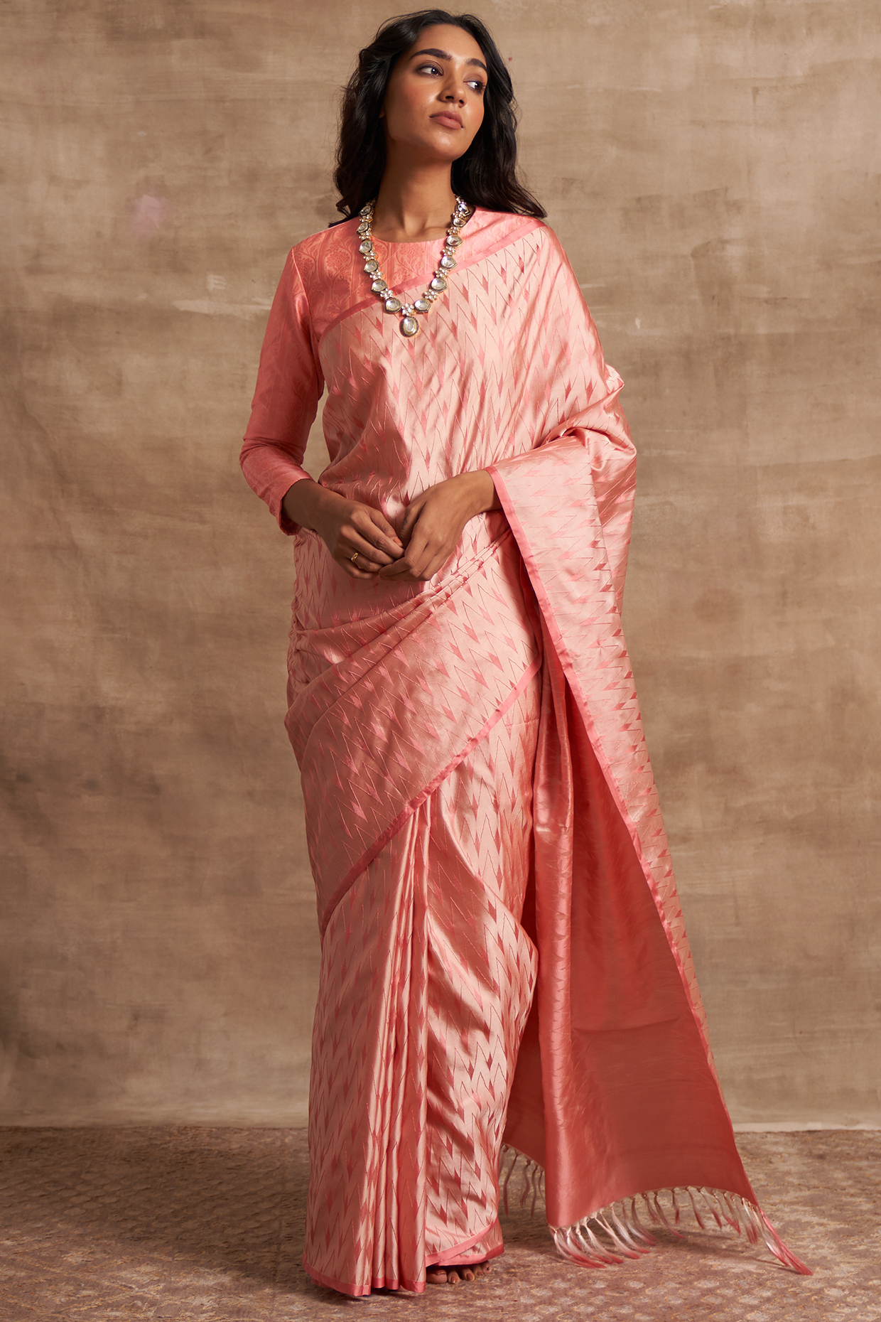 Powder Pink Banarasi Silk Saree Set by Kasturi Kundal