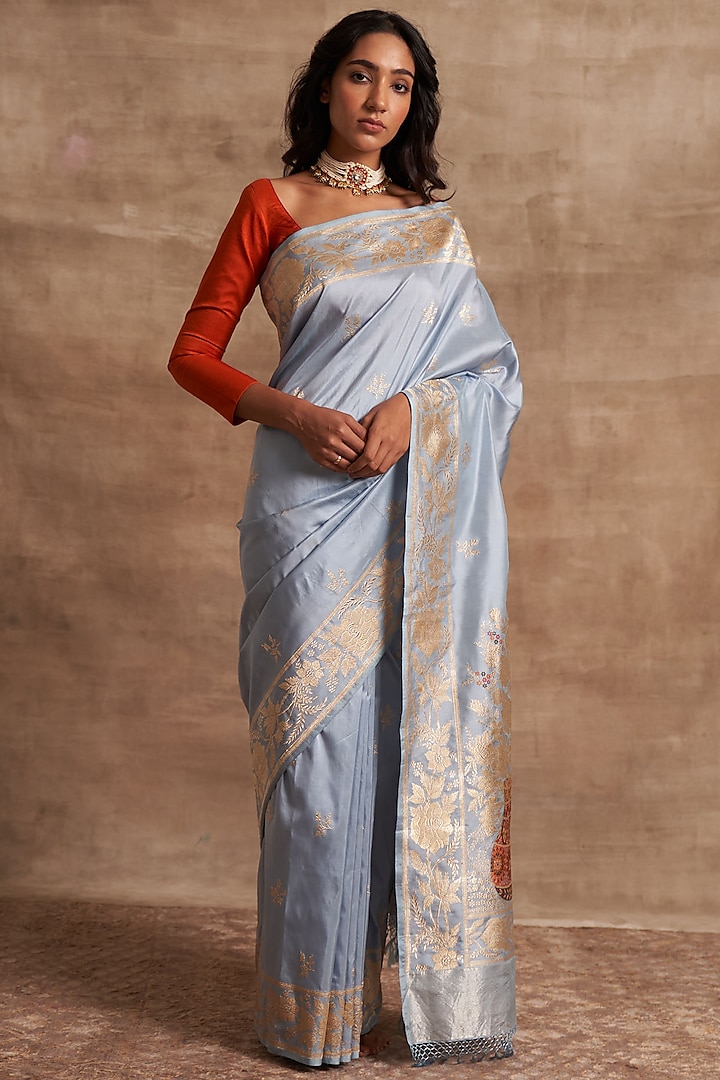 Powder Blue Silk Saree Set by Kasturi Kundal