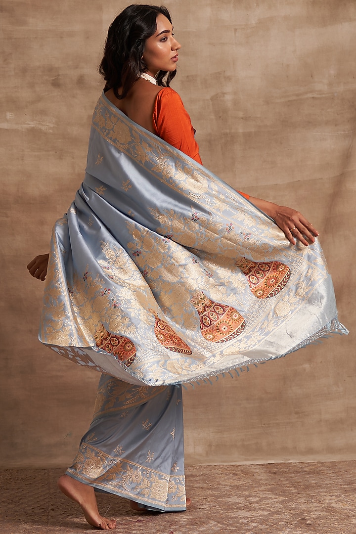 Powder Blue Silk Wedding Saree Set by Kasturi Kundal at Pernia's Pop Up Shop