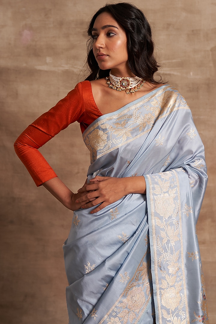 Powder Blue Silk Wedding Saree Set by Kasturi Kundal at Pernia's Pop Up Shop