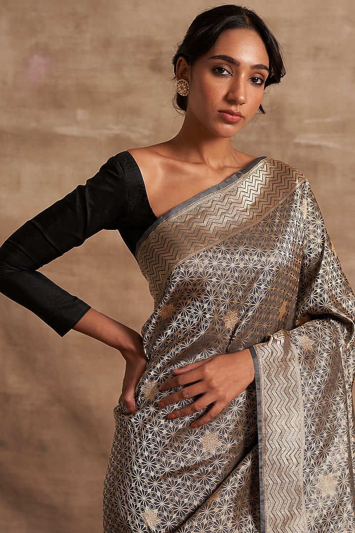 Charcoal Grey Pure Silk Wedding Saree by Kasturi Kundal at Pernia's Pop Up Shop