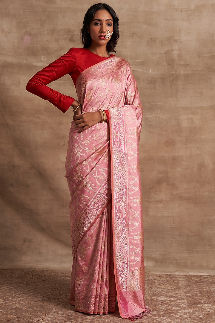 Pink Banarsi Silk Saree Set by Kasturi Kundal