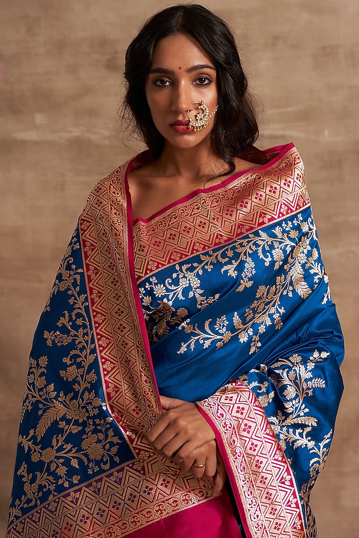 Teal Pure Silk Wedding Saree Set by Kasturi Kundal at Pernia's Pop Up Shop
