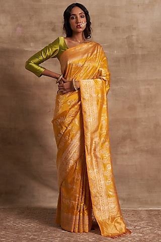Yellow Pure Banarasi Silk Zari Handwork Saree Set by Kasturi Kundal