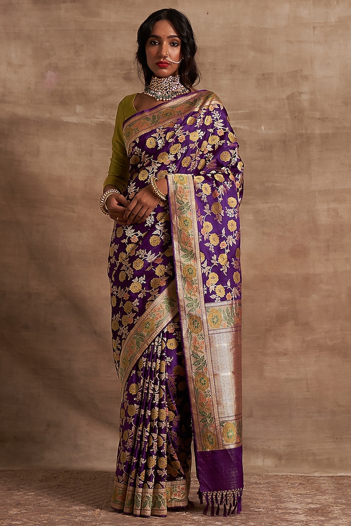 Purple Banarasi Silk Saree Set by Kasturi Kundal