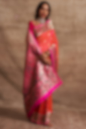 Orange & Pink Banarasi Silk Saree Set by Kasturi Kundal