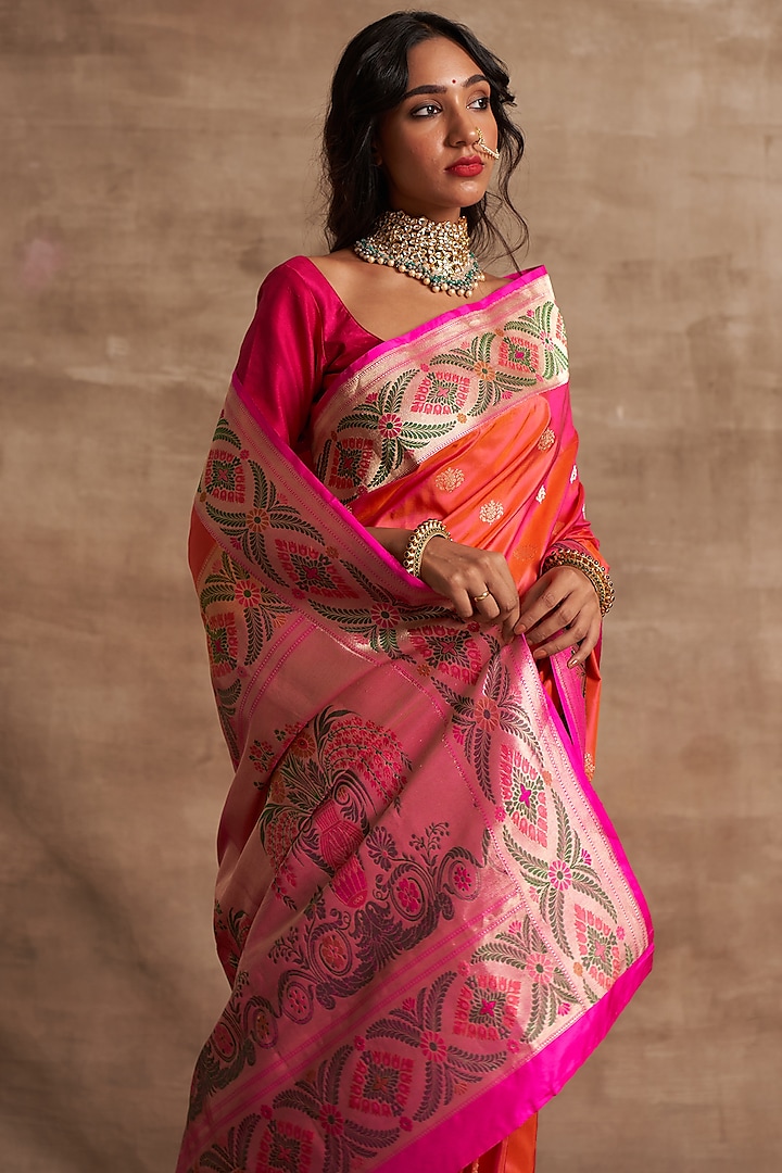 Orange & Pink Banarasi Silk Wedding Saree by Kasturi Kundal at Pernia's Pop Up Shop