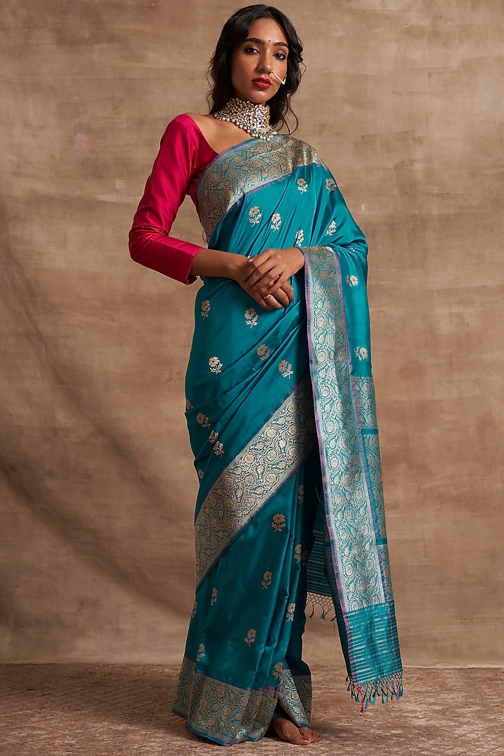 Turquoise Banarasi Silk Saree Set by Kasturi Kundal