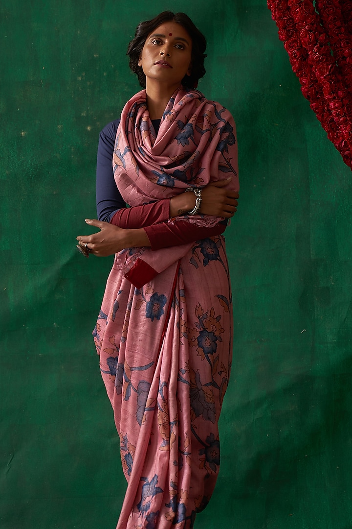 Charm Pink Hand Painted Kalamkari Saree by Kasturi Kundal
