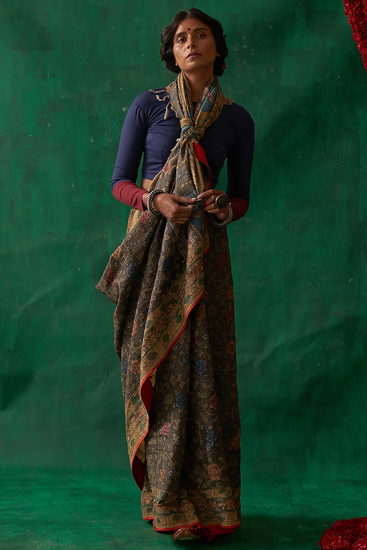 Grey Pure Tussar Silk Hand Painted Kalamkari Wedding Saree by Kasturi Kundal at Pernia's Pop Up Shop