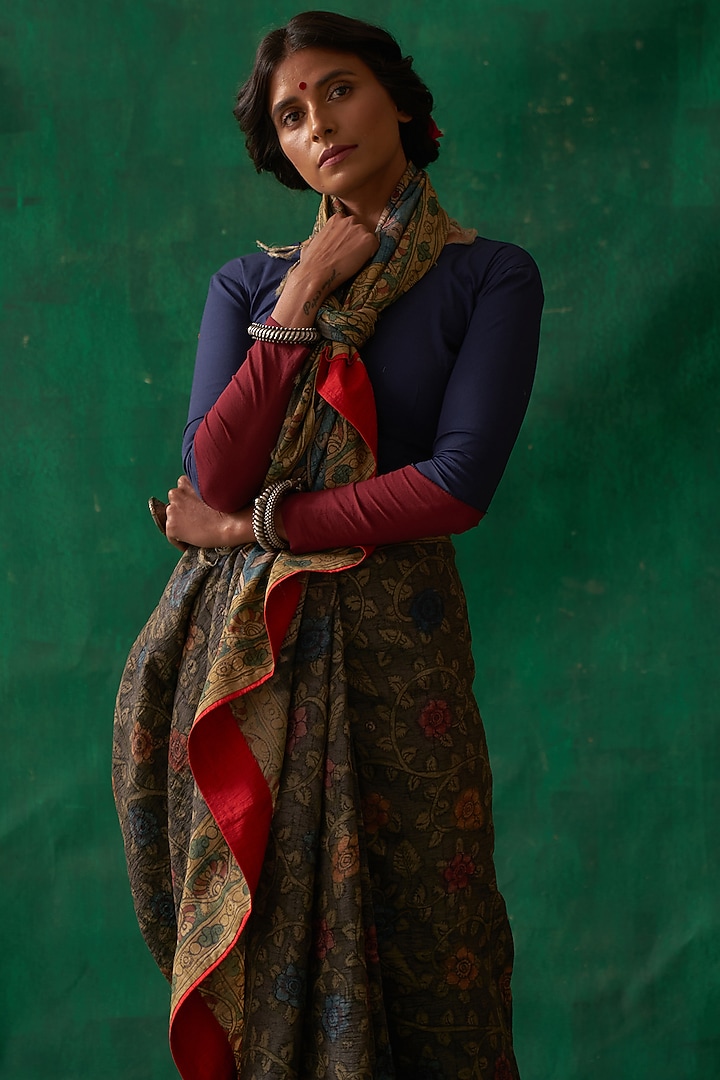 Grey Pure Tussar Silk Hand Painted Kalamkari Wedding Saree by Kasturi Kundal at Pernia's Pop Up Shop