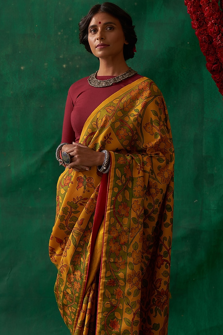 Citrus Yellow Pure Kanjivaram Silk Handpainted Wedding Saree by Kasturi Kundal at Pernia's Pop Up Shop