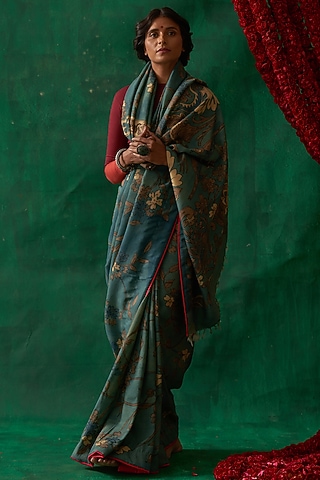 Dull Teal Hand Painted Kalamkari Saree by Kasturi Kundal